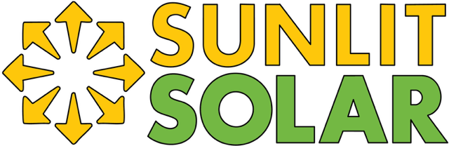 Logo of Sunlit Solar featuring a sun symbol with arrows radiating outward in yellow and green colours.